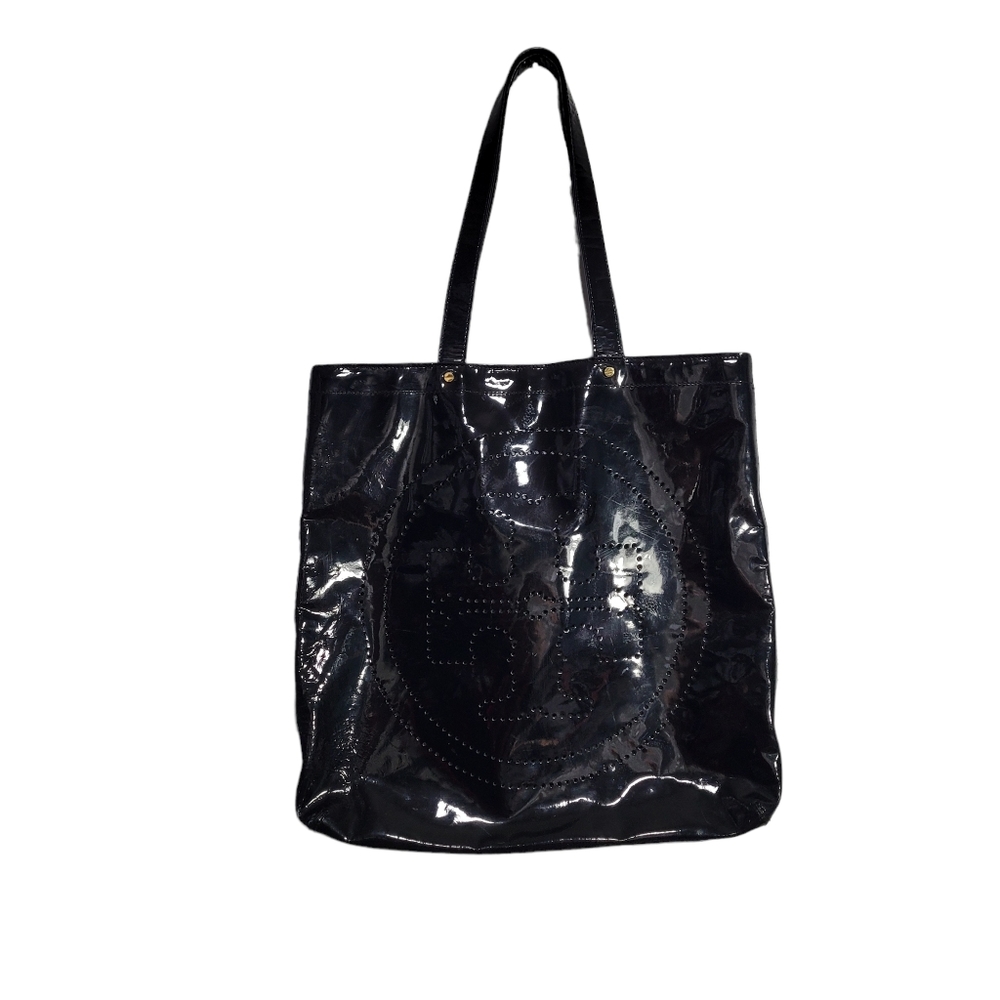 Tory Burch Perforated Logo Patent Leather Black Tote